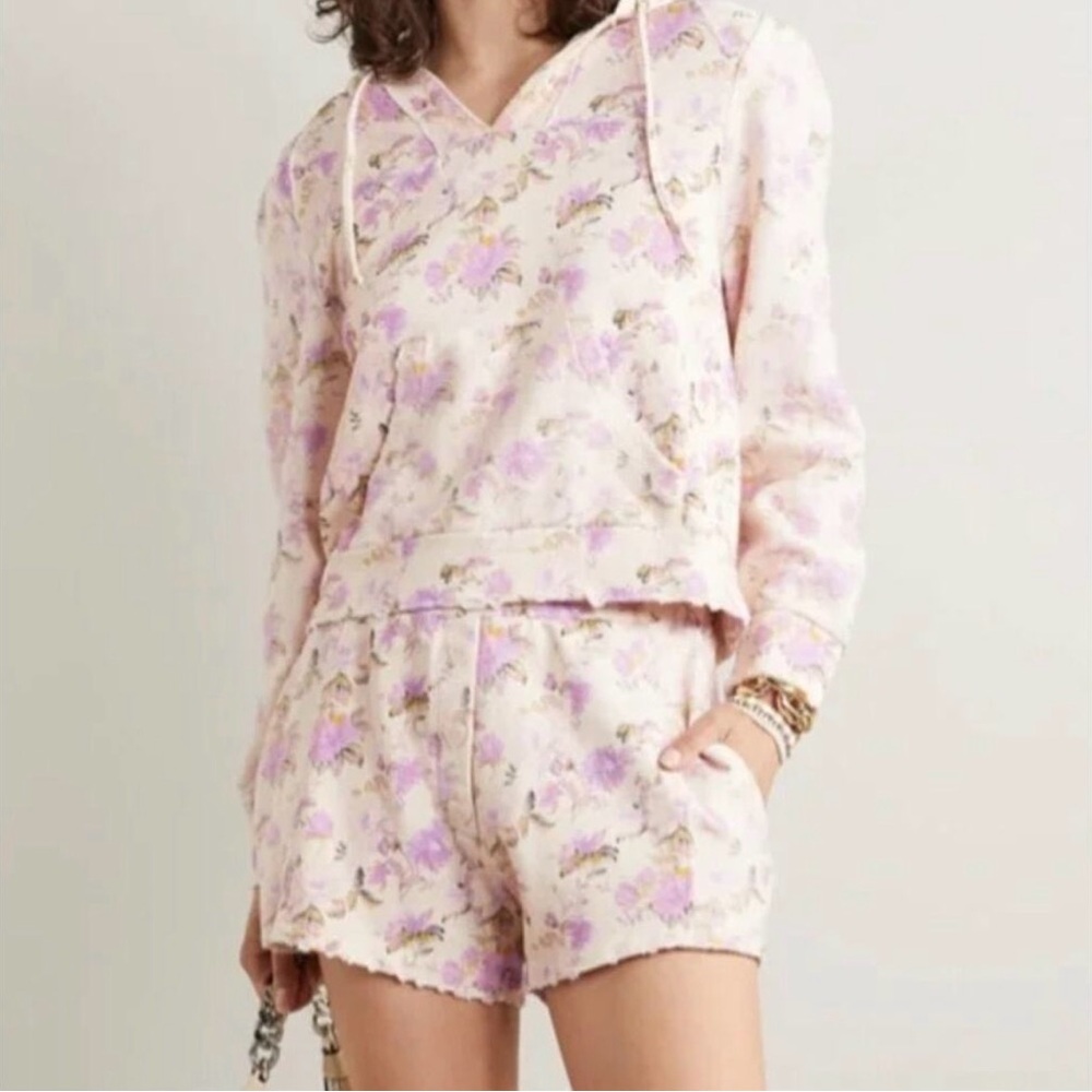 LoveShackFancy Renato Floral Print Shorts M Cotton Jersey Ultra Violet Clouds - Picture 5 of 14
